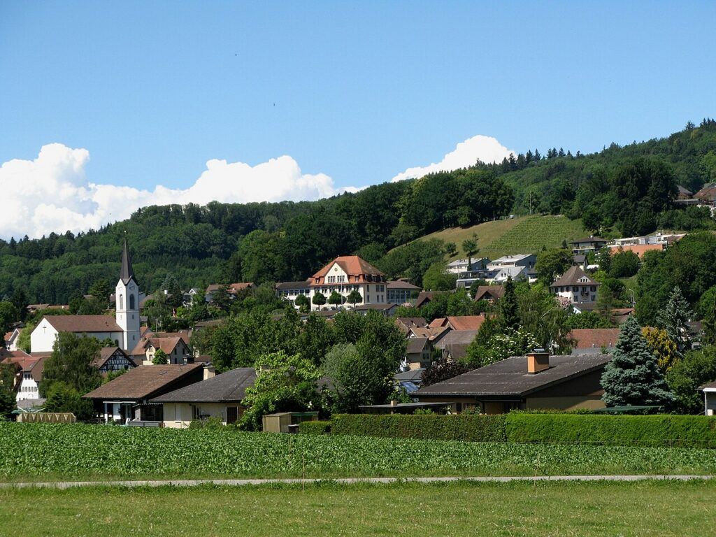 Dottikon im Freiamt mit Kirchturm, Wohnquartieren am bewaldeten Hang und Rebberg